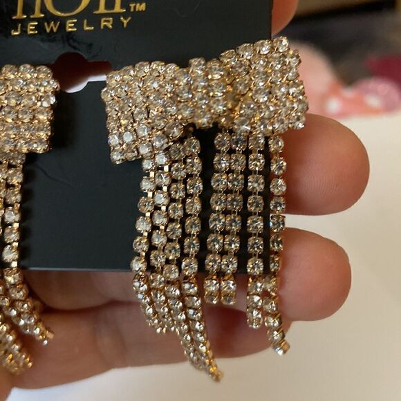 Noir Rhinestone Bow Dangling Earrings New Formal Prom - Picture 3 of 6